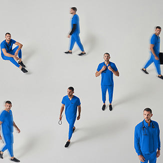 Image of men wearing scrub sets walking, standing, and sitting. - Men Nav Tile