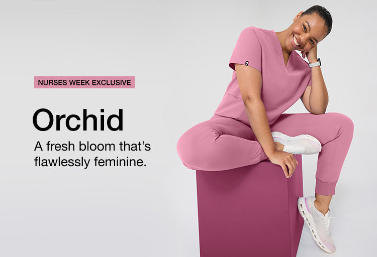 Image with text, "Nurses Week Exclusive: Orchid, A fresh bloom that's flawlessly feminine. " and an image of women wearing Orchid color scrubs.